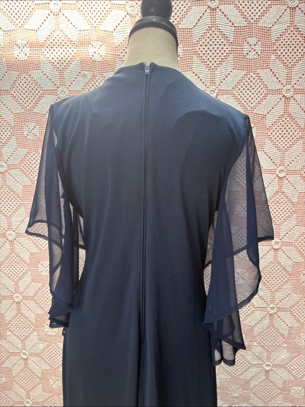 Vintage Navy Embroidered Caftan Maxi Dress Boho Goddess Flutter Sleeve Gown Sz L - Picture 4 of 8